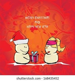 Vector comic cartoon merry christmas illustration with snowman. vector merry christmas and happy new year vintage red floral background for greeting card or banner design
