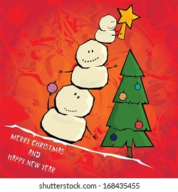 Vector comic cartoon merry christmas illustration with snowman. vector merry christmas and happy new year vintage red floral background for greeting card or banner design