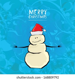 Vector comic cartoon merry christmas illustration with snowman. vector merry christmas and happy new year vintage blue frozen floral background for greeting card or banner design