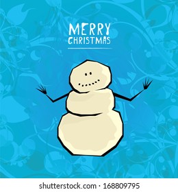 Vector comic cartoon merry christmas illustration with snowman. vector merry christmas and happy new year vintage blue frozen floral background for greeting card or banner design