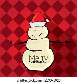 Vector comic cartoon merry christmas illustration with snowman. vector merry christmas and happy new year  red background for greeting card or banner design