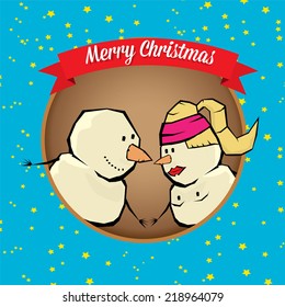 Vector comic cartoon merry christmas illustration with snowman. vector merry christmas and happy new year background for greeting card or banner design