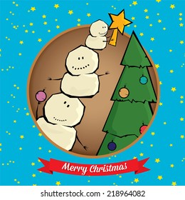 Vector comic cartoon merry christmas illustration with snowman. vector merry christmas and happy new year background for greeting card or banner design