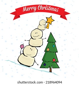 Vector comic cartoon merry christmas illustration with snowman. vector merry christmas and happy new year background for greeting card or banner design