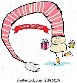Vector comic cartoon merry christmas illustration with snowman. vector merry christmas and happy new year background for greeting card or banner design