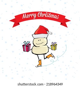 Vector comic cartoon merry christmas illustration with snowman. vector merry christmas and happy new year background for greeting card or banner design