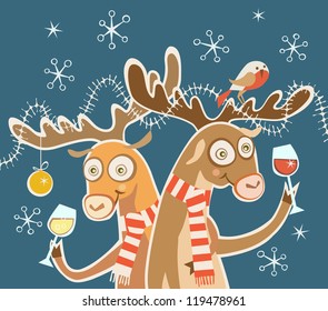 Vector comic christmas card. Couple of cheerful reindeer with glasses of wine, bird, festive decoration. Concept of cheery party. Holiday illustration in cartoon style with fairy tale funny personages