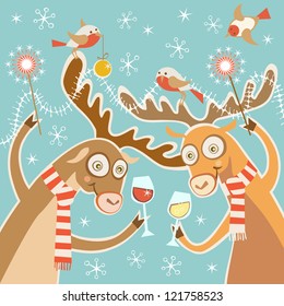 Vector comic christmas card. Couple of cheerful reindeer with glasses of wine, bird, sparklers, festive decoration. Concept of cheery party. Holiday illustration in cartoon style with funny personages