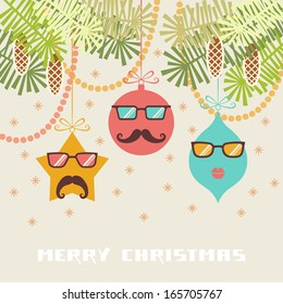 Vector comic christmas card. Cute christmas decoration with mustache and glasses. Hipster winter holiday illustration with greeting inscription. Simple original concept of funny party for print, web 