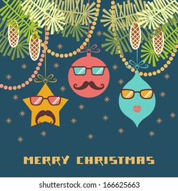 Vector comic christmas card. Cute christmas decoration with mustache and glasses. Hipster winter holiday illustration with greeting inscription. Simple original concept of funny party for print, web