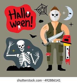 Vector Comic Crazy maniac. Halloween Scene Cartoon illustration