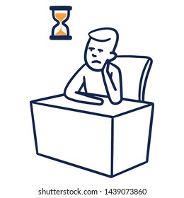 Vector comic drawing of a bored corporate man at a desk with an hourglass above his head. line drawing, blue, yellow, clock, work, annoyed.