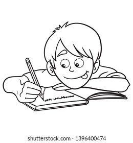 Vector comic drawing of a boy writing in a notebook. school, learn, isolated, black white.