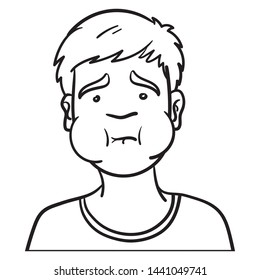 Vector comic drawing of a boy's head who is ill. black, white, outline, doodle, sketch, ink.