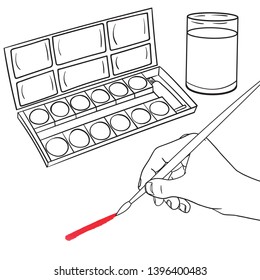 Vector comic drawing of a hand holding a brush and drawing a red line. Water color box and a glass of water in black and white. isolated.