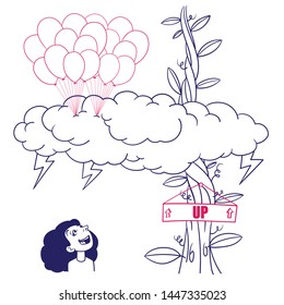 Vector comic drawing of a storm cloud with flashes through which a bean-tree grows out. black-haired girl looks up and laughs. illustration, ink, doodle, sketch. blue, pink