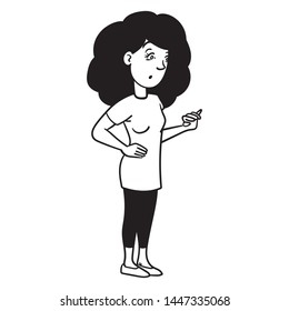 Vector comic drawing of a woman with black hair who looks down in surprise. illustration, ink, doodle, sketch. black-and-white.