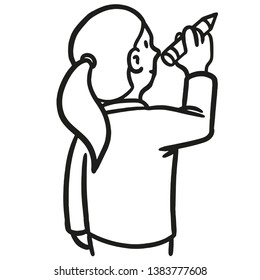 Vector comic drawing of a woman writing to the wanz with a big pencil. black white, isolated.