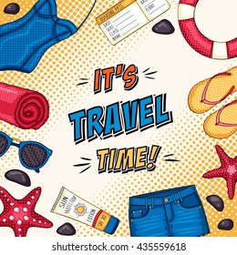 Vector comic fashion background with beach clothes and accessories. It's travel time summer illustration in pop art style