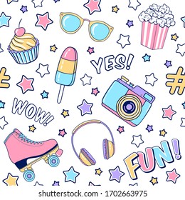 Vector comic fashion seamless pattern with ice cream, roller skates, cupcake, headphones, photo camera, stars, popcorn, sunglasses and hashtags. Hipster colorful party background 