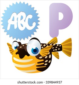 Vector comic funny cartoon animals alphabet: P is for Pufferfish