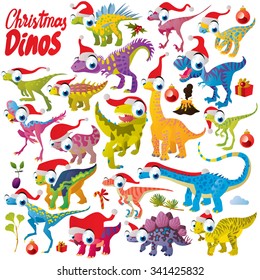 Vector comic funny cute colorful collection set of christmas dinosaurs with fir tree, presents, holly and santa hats