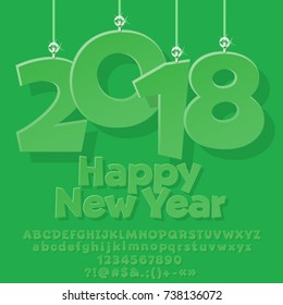 Vector comic greeting card for Happy New Year with paper toys 2018. Green Font with Graphic style. Set of Alphabet Letters, Numbers, Symbols