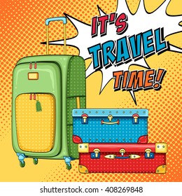 Vector comic hand drawn background with traveling bag and stack of suitcases. It's travel time illustration in pop art style