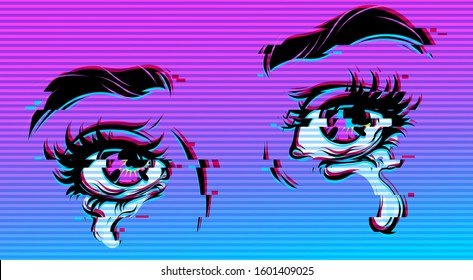 Vector comic illustration of crying eyes. Digital glitch effect. Cyberpunk style.