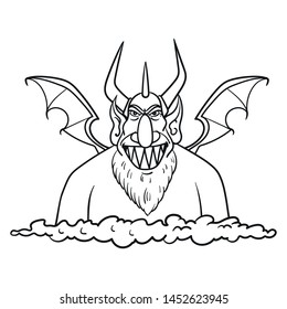 vector comic illustration of a devil in the clouds with bat wings. Monster, evil, outline, cartoon, sketch, doodle.