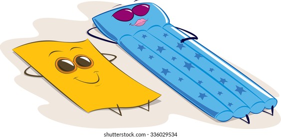 vector comic illustration of a towel and a mattress anthropomorphic, tanning on the beach