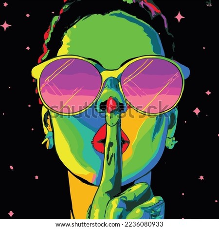 Vector comic illustration of a women wearing glasses colored in bright green, pink, yellow and blue.