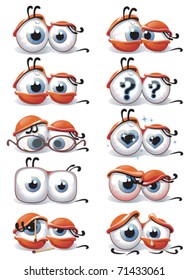 Vector comic illustrations of eyes in the ten different emotions on a white background, which can be used in the form of smiles for web communications