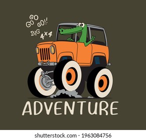 vector comic off road car and comic crocodile character illustration for kids tee 