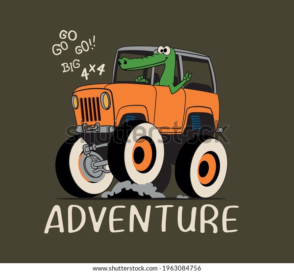 vector comic off road car and comic crocodile\
character illustration for kids tee\
