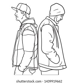 Vector comic outline drawing in black and white of two young men standing back to back and looking to the side. hip hop, outline, rapper, cool, cap.