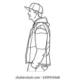 Vector comic outline drawing in black   white young man who looks to the side   has his hands in the pants  he wears cool cap  hip hop  outline  rapper  cool  cap 