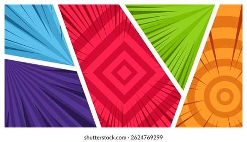 painéis de quadrinhos vetoriais em várias cores e ângulos, imagens cômicas, painéis de desenho, fundos de desenhos animados, local adequado para imagens de anime