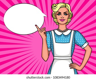 Vector comic pop art style illustration of pretty cute housewife pointing finger up. Poster 50s of Young smiling woman in apron