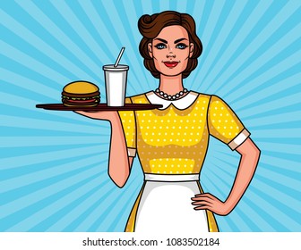 Vector comic pop art style illustration of a pretty cute waitress with a meal tray. Poster 50's smiling woman in apron with burger and cola