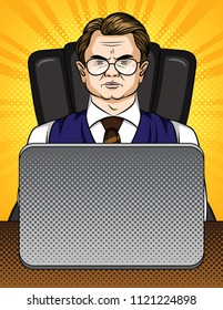 Vector comic pop art style illustration of a businessman sitting at the computer in office. Boss is working in his cabinet