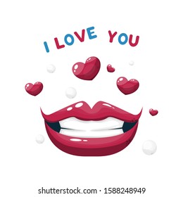 Vector comic poster with inscription i love you, red lips and hearts.