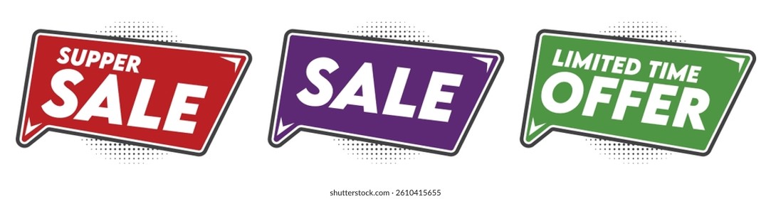 Vector comic sale tag collection. Flat offer and discount labels