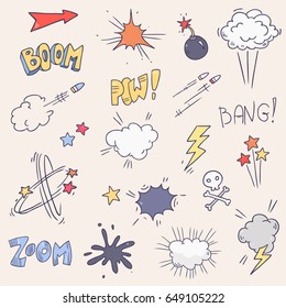 Vector Comic Sound Effect Set Collection. Bubble Speech In Pop Art Style. Retro Comical Book Cartoon Expression With Text Like Boom,pow, Bang, Zoom