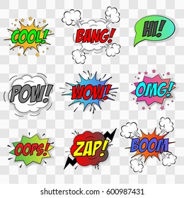 Vector comic speach bubble with phrase Boom, Wow, Zap, Hi, Bang, Oops, Pow, OMG, Cool.