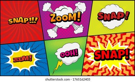 Vector Comic Speach Bubble With Prase  Snap, Zoom, Ooh  . Comic Cartoon Sound Bubble Speech Set On Colored Background.