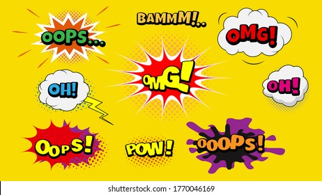 Vector comic speach bubble with prase   Oops, Oh, Oops, OMG, Pow . Comic cartoon sound bubble speech set on colored background.