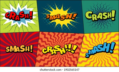 Vector Comic Speach Bubble With Prase  Crash, Smash  . Comic Cartoon Sound Bubble Speech Set On Colored Background.