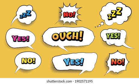 Vector comic speach bubble with prase  Yes, Zzz, No, Ouch  . Comic cartoon sound bubble speech set on colored background.