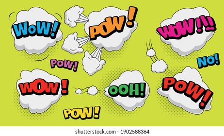 Vector comic speach bubble with prase  Wow, Pow, Ooh, No  . Comic cartoon sound bubble speech set on colored background.